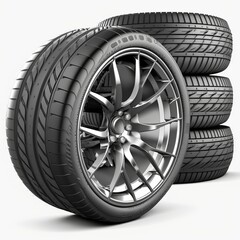 Car tires with a great profile in the car repair shop. Set of summer or winter tyres in front of white fond. On transparent PNG background black tire manufacturing dial ribbed four Generative AI - obrazy, fototapety, plakaty