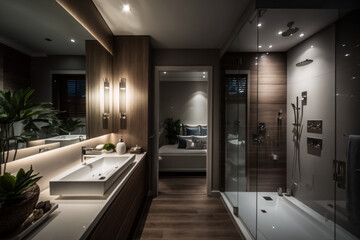 Modern comfortable bathroom with wood
