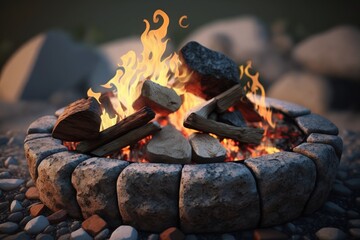 Close up, roaring fire with blurred flames from wood logs in a stone firepit. Generative AI