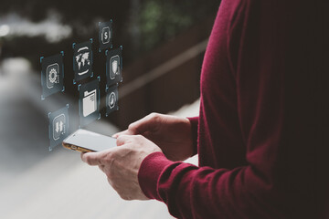 Business man Analytics and Data Management System on computer, make a report with KPI and metrics connected to database. Corporate strategy for finance, operations, sales, marketing.