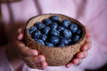 Blueberry in a cocos bowl in childs hands on rose background