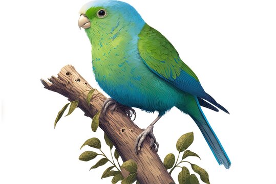 Forpus coelestis, a parrotlet native to the Pacific, sitting on a branch against a white backdrop. Generative AI
