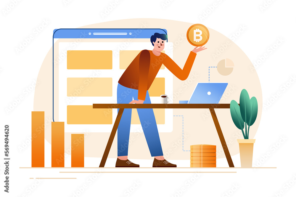 Poster gradient concept cryptocurrency mining with people scene in the flat cartoon style. man examines dat