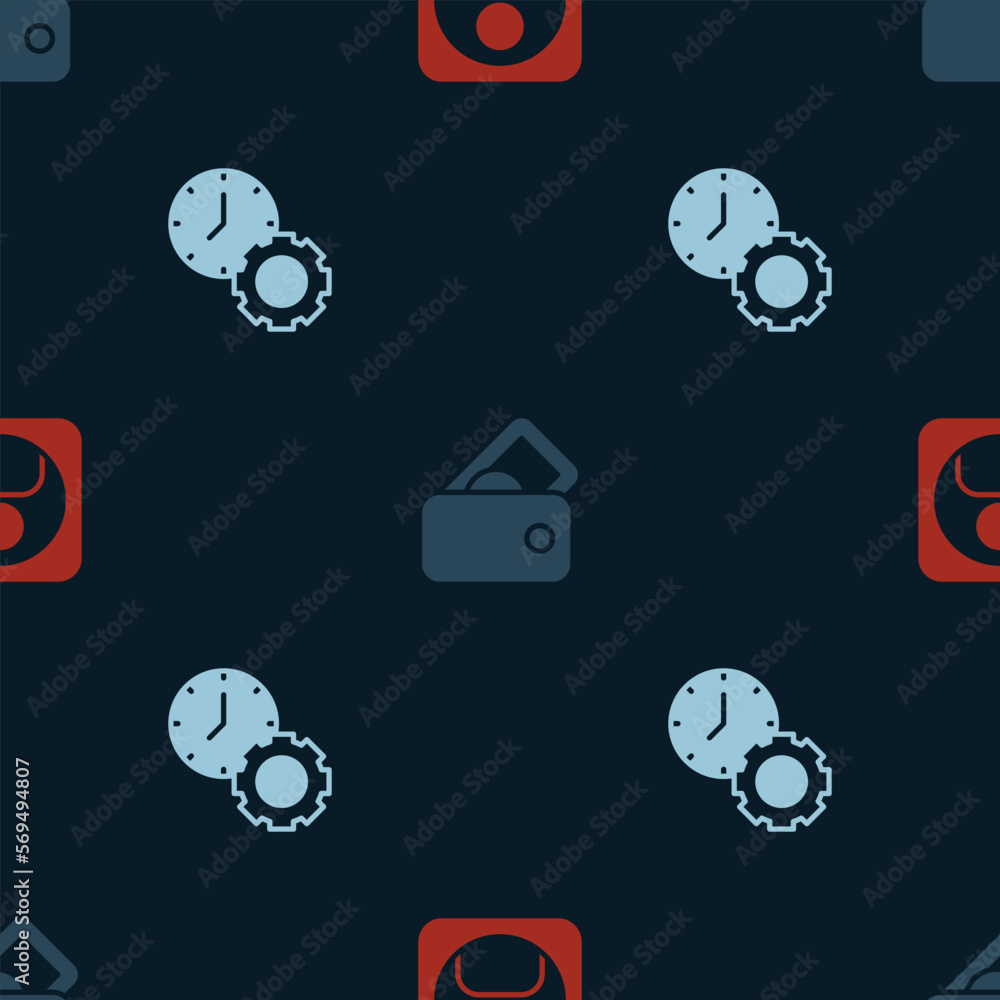 Poster set create account screen, wallet with money and time management on seamless pattern. vector
