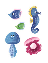 Set of cartoon style sea creatures. Cute 3D ocean animals with textures. Illustrations for design. Isolated icons on white background. 
