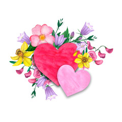 Heart with flowers. Watercolor illustration of hearts and wildflowers. Daffodils, bluebells, wild roses and mouse peas frame two pink hearts. Watercolor card, card for birthday, valentine's day