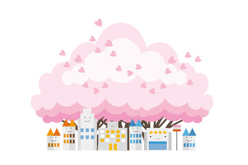桜咲く春の美しい街並みと暮らしの風景。人々が明るく暮らせる自然と住宅が溶け込む街づくり。