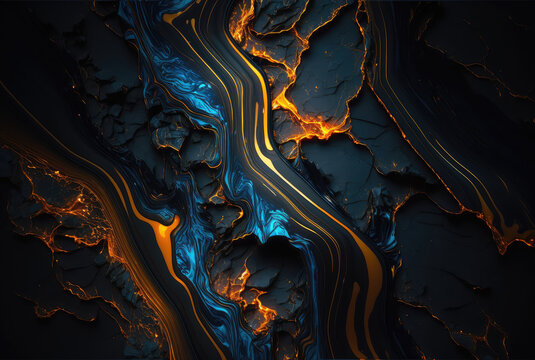 Abstract black blue orange grunge marble texture background. Generative AI