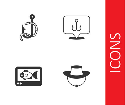 Set Fisherman hat, Fishing hook and worm, finder echo sounder and icon. Vector