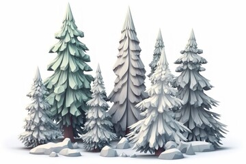 Obraz premium group of spruce trees covered in snow and frozen, isolated on white. Generative AI