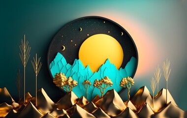 3d illustration wallpaper landscape arts. Christmas trees with turquoise, black and gray mountains in the light yellow background with birds.
