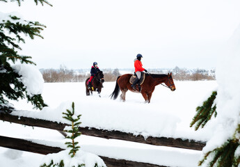 Young girls riding the horses in snowly winter day