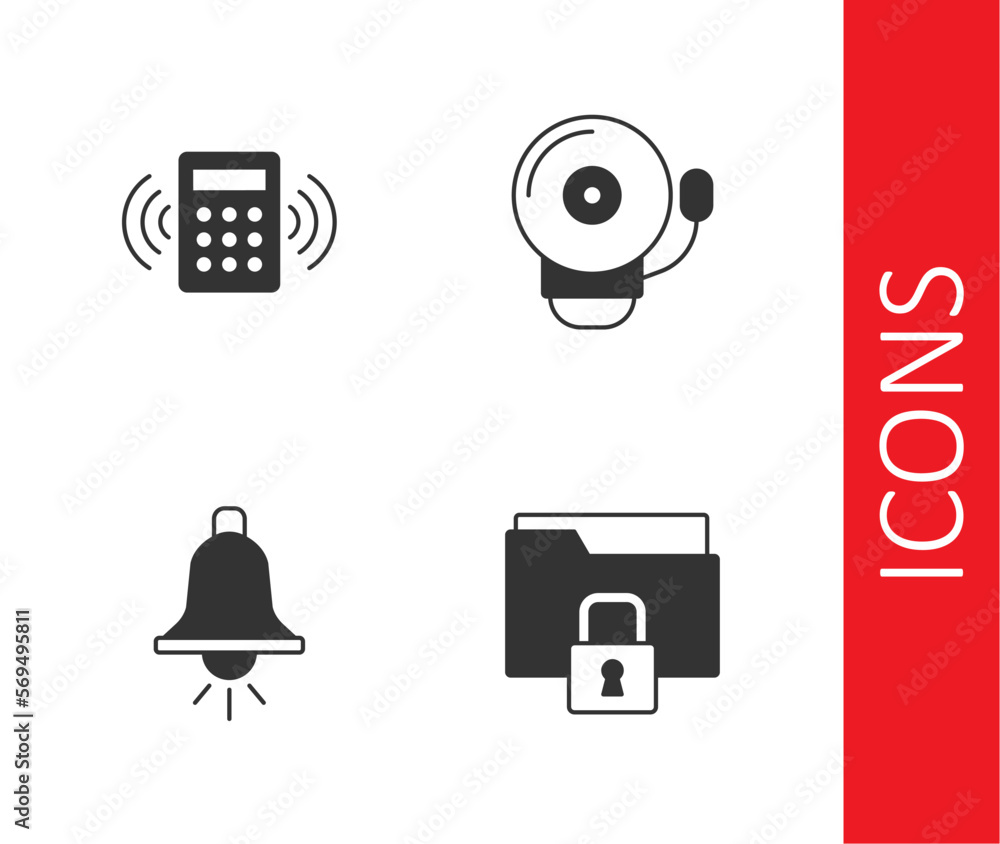 Aufkleber set folder and lock, security keypad access panel, ringing alarm bell and icon. vector