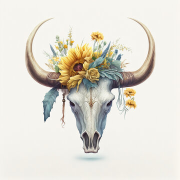 portrait of a bull skull wearing a sunflower bouquet