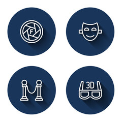 Set line Camera shutter, Comedy theatrical mask, Rope barrier and 3D cinema glasses with long shadow. Blue circle button. Vector