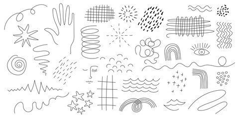 Set of hand-drawn various linear shapes and doodles of objects. Abstract graphic elements isolated on white. Vector lines, strokes, swirls, stars, eye, face, waves in black color.