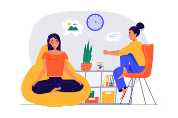 Dreaming people concept with people scene in the flat cartoon style. Two friends meditate and dream about cool things.