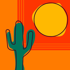 Flat abstract geometric icon, sticker, button with desert, sun, cactuses, one line style.