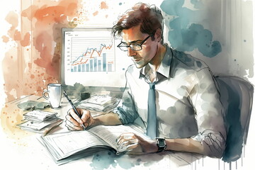A focused businessman analyzes complex data using advanced technology in a modern office environment. Generative AI.