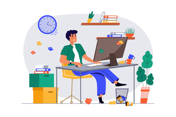 Concept deadline with people scene in the flat cartoon design. Man works in an office at computer and tries to meet a deadline.