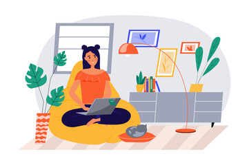 Freelance working concept with people scene in the flat cartoon style. Girl works in a home atmosphere, performing various tasks on a laptop.