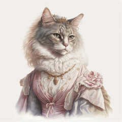 Highly Detailed Victorian Portrait Illustration of a cat on a white background