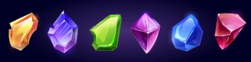 Poster Game gemstone, magic jewel crystal or diamond icon, sapphire and amethyst, ruby and emerald treasure, royal precious gem. Fantasy cartoon gui trophy with texture, isolated set © klyaksun