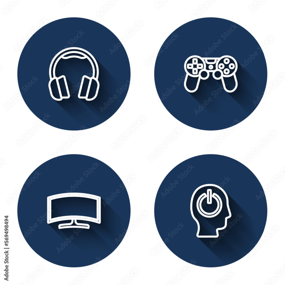 Aufkleber set line headphones, game controller or joystick, computer monitor and power button with long shadow