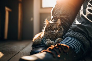 Cute fluffy cat sitting on couple's legs relaxing at home indoors. Generative ai.