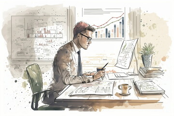 An experienced businessman utilizes cutting-edge tools to make informed decisions and drive success in the corporate world. Generative AI.