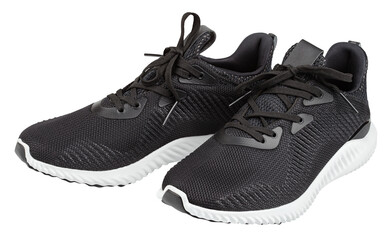 Pair of new unbranded black sport running shoes, sneakers or trainers isolated on transparent background