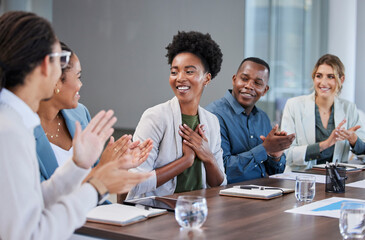 Black woman, success or applause of business people in a meeting for winner of sales target or goals. Support, thank you or happy African worker with pride or smile after job promotion or achievement - obrazy, fototapety, plakaty