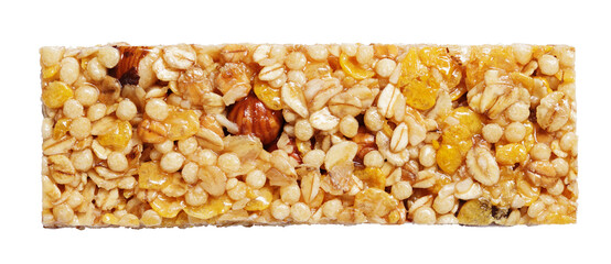 Top view of healthy granola bar (muesli or cereal bar) isolated on transparent background with...