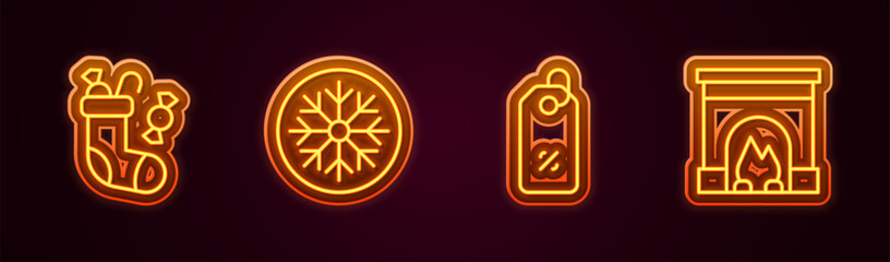 Set line Christmas stocking, Snowflake, Discount percent tag and Interior fireplace. Glowing neon icon. Vector