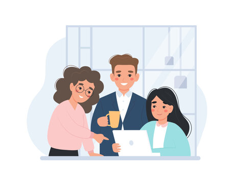 Office workers at meeting, business conversation or presentation, discussing ideas in team. Male and female characters, vector concept illustration in flat cartoon style