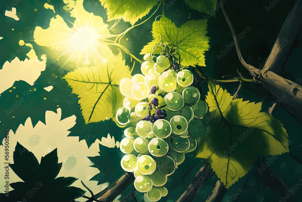 Poster grapes in focus in a vineyard closeup lit by the sun, with a hazy background generative ai