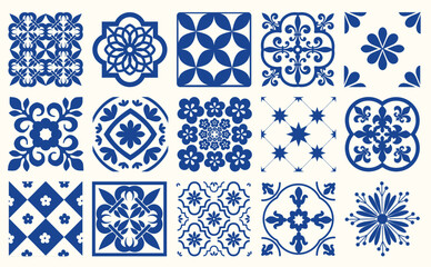 Blue Portuguese tiles pattern - Azulejos vector, fashion interior design tiles  - obrazy, fototapety, plakaty
