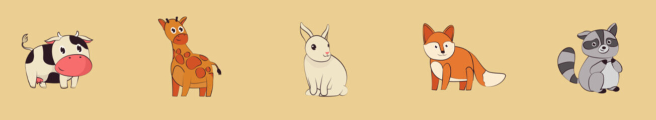 Obraz premium Collection of Cute Animals Giraffe, Rabbit, Cow, Fox, Squirrel 
