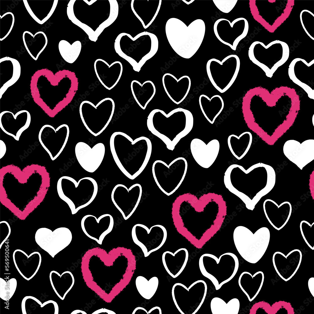 Wall mural Heart romantic doodle seamless pattern with hearts. Shape on black white background in hand drawn hipster grunge style. - Wall murals