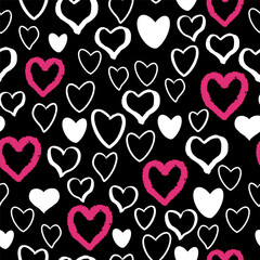 Heart romantic doodle seamless pattern with hearts. Shape on black white background in hand drawn hipster grunge style.