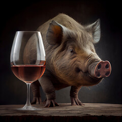 cute pig next to a glass of wine on black background created with Generative AI technology