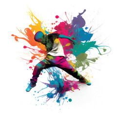Plakat Ballerino di break dance che esce da macchie multicolore in secondo piano. Realizzato con intelligenza artificiale generativa