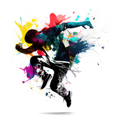 Fototapeta na wymiar Ballerino di breakdance tra da macchie multicolore, su sfondo bianco. Realizzato con intelligenza artificiale generativa
