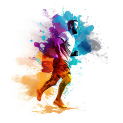 Plakat Sagoma colorata di un uomo che corre su uno sfondo di schizzi colorati. Realizzata con intelligenza artificiale generativa