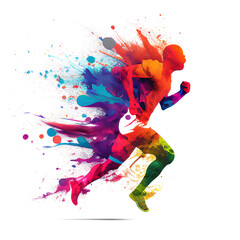 runner che corre con una scia di multicolore alle spalle, su sfondo bianco. Realizzato con intelligenza artificiale generativa. - obrazy, fototapety, plakaty