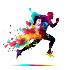 runner che corre tra macchie multicolore su sfondo bianco. Realizzato con intelligenza artificiale generativa. - obrazy, fototapety, plakaty