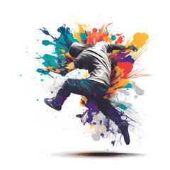 Fototapeta na wymiar Ballerino di break dance che salta tra spruzzi di colore, sfondo bianco. Realizzato con intelligenza artificiale generativa