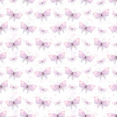 Delicate lilac butterflies with splashes of paint on a white background. Watercolor illustration. Seamless pattern from the collection of CATS AND BUTTERFLIES. For fabric, wallpaper, packaging.