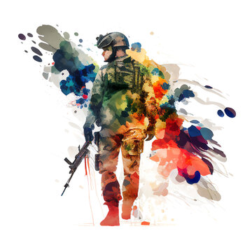 Soldato visto di spalle tra macchie di colore, su sfondo bianco. Realizzato con intelligenza artificiale generativa. 