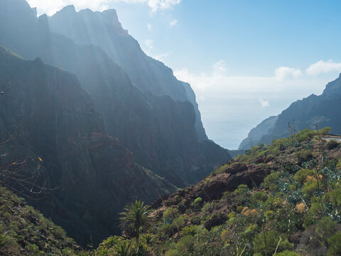 View of Mirador de Cruz de Hilda. Picturesque landscape with green valley, ocean, massive cliffs and sharp rock formation. Tenerife, Canary Islands, Spain. sunny winter day, blue sky